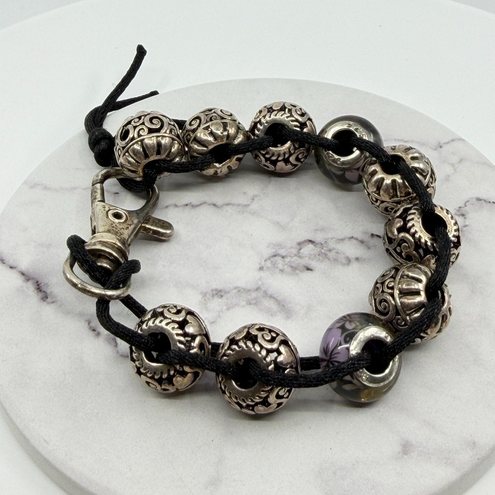Y2K Boho Floral Bead Charm Bracelet Black Cord Silver-Tone Accents Classic Gift